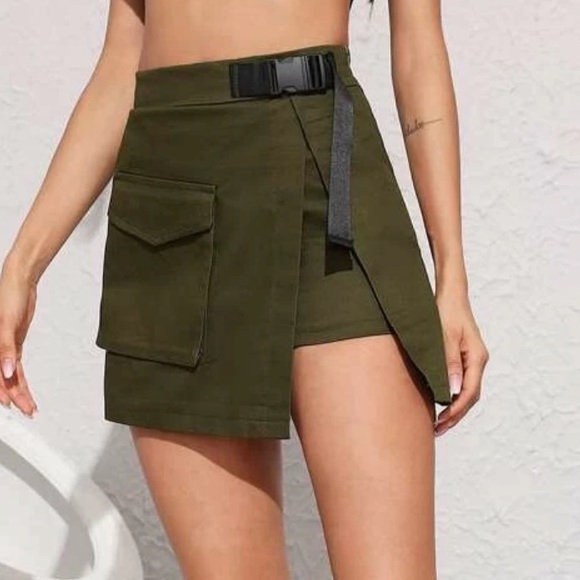 SHEIN Dresses & Skirts - Army Green Faux Wrap Skirt pocket detail